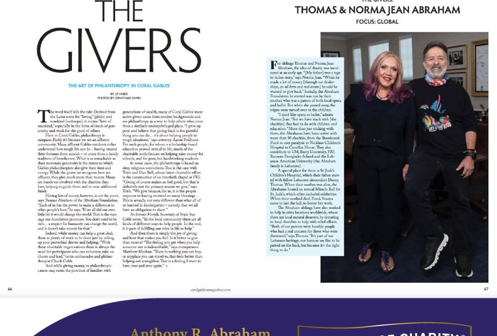 In the news: Coral Gables magazine article “The Philanthropists of Coral Gables”
